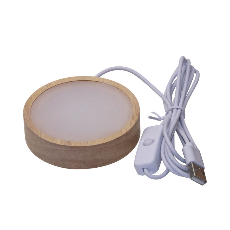 Bază circulară LED din lemn masiv pentru sticla de vin, iluminare de noapte DIY fără fir, bază de lampă din cristal pentru expunere