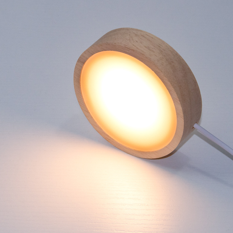 Bază circulară LED din lemn masiv pentru sticla de vin, iluminare de noapte DIY fără fir, bază de lampă din cristal pentru expunere