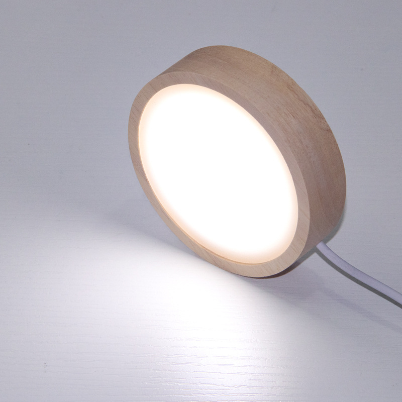 Bază circulară LED din lemn masiv pentru sticla de vin, iluminare de noapte DIY fără fir, bază de lampă din cristal pentru expunere