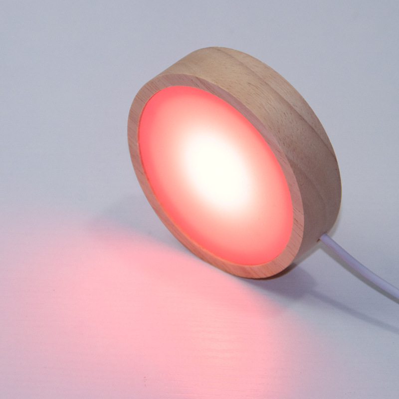 Bază circulară LED din lemn masiv pentru sticla de vin, iluminare de noapte DIY fără fir, bază de lampă din cristal pentru expunere
