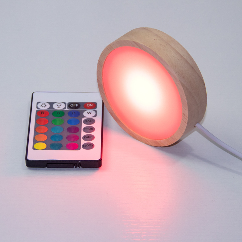 Bază circulară LED din lemn masiv pentru sticla de vin, iluminare de noapte DIY fără fir, bază de lampă din cristal pentru expunere