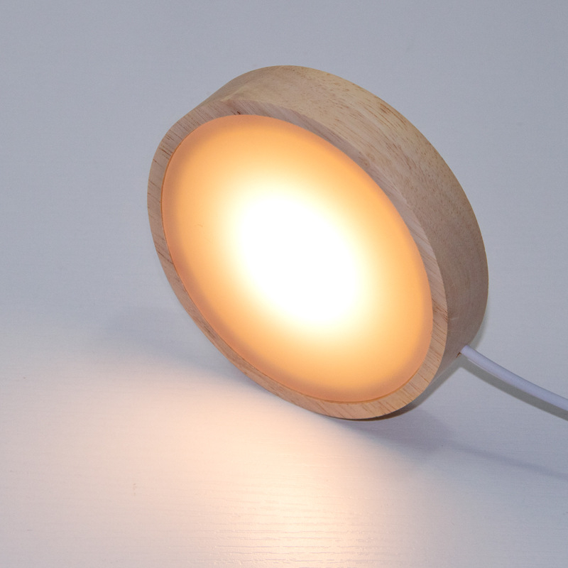 Bază circulară LED din lemn masiv pentru sticla de vin, iluminare de noapte DIY fără fir, bază de lampă din cristal pentru expunere