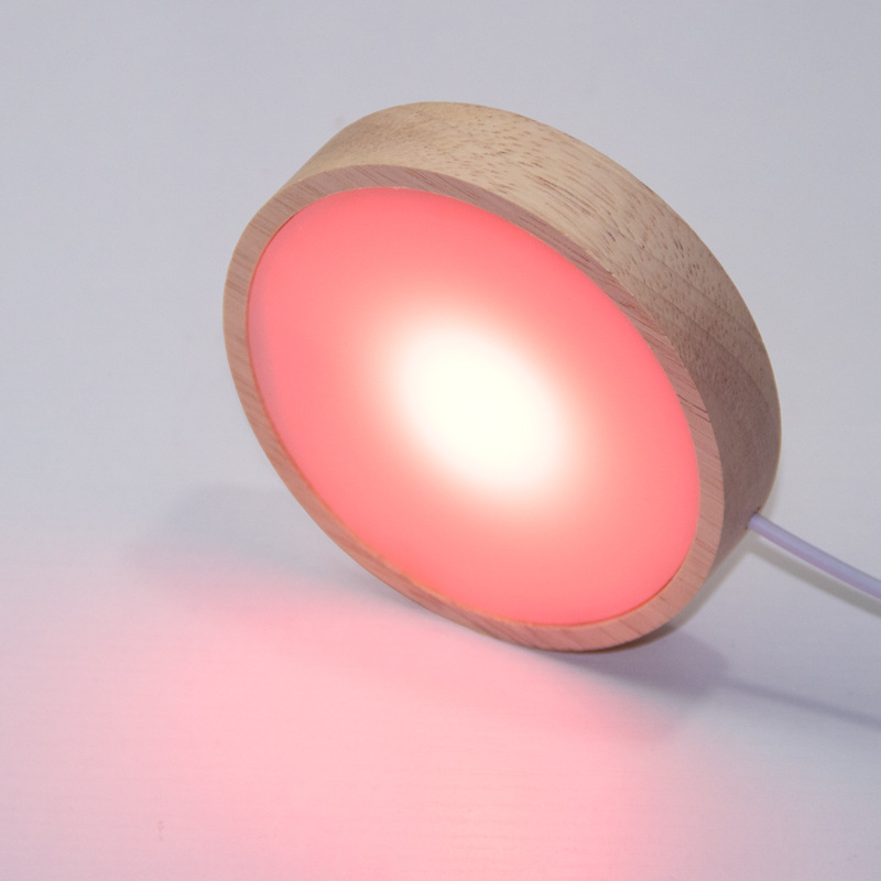Bază circulară LED din lemn masiv pentru sticla de vin, iluminare de noapte DIY fără fir, bază de lampă din cristal pentru expunere