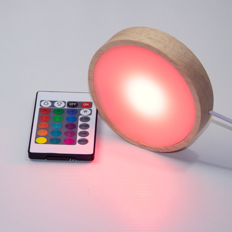 Bază circulară LED din lemn masiv pentru sticla de vin, iluminare de noapte DIY fără fir, bază de lampă din cristal pentru expunere
