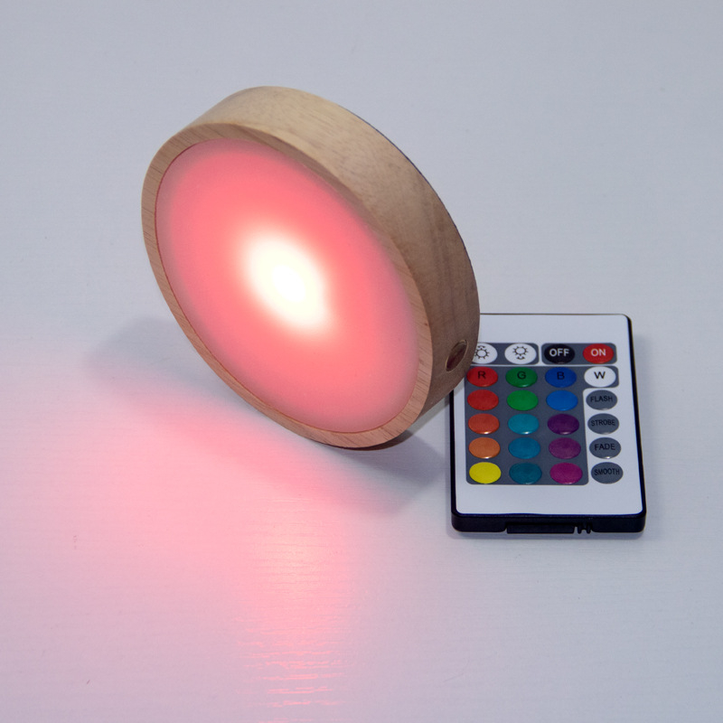 Bază circulară LED din lemn masiv pentru sticla de vin, iluminare de noapte DIY fără fir, bază de lampă din cristal pentru expunere