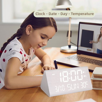 LED drveni budilnik s digitalnim zaslonom, tih rad, noćno svjetlo, vječni kalendar, temperatura, faza Mjeseca, prozorno okno, tjedni i mjesečni prikaz, višenamjenski elektronički sat
