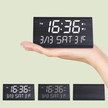 LED drveni budilnik s digitalnim zaslonom, tih rad, noćno svjetlo, vječni kalendar, temperatura, faza Mjeseca, prozorno okno, tjedni i mjesečni prikaz, višenamjenski elektronički sat