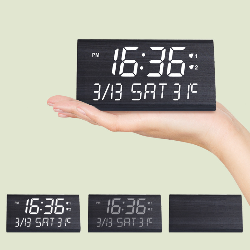 LED drveni budilnik s digitalnim zaslonom, tih rad, noćno svjetlo, vječni kalendar, temperatura, faza Mjeseca, prozorno okno, tjedni i mjesečni prikaz, višenamjenski elektronički sat