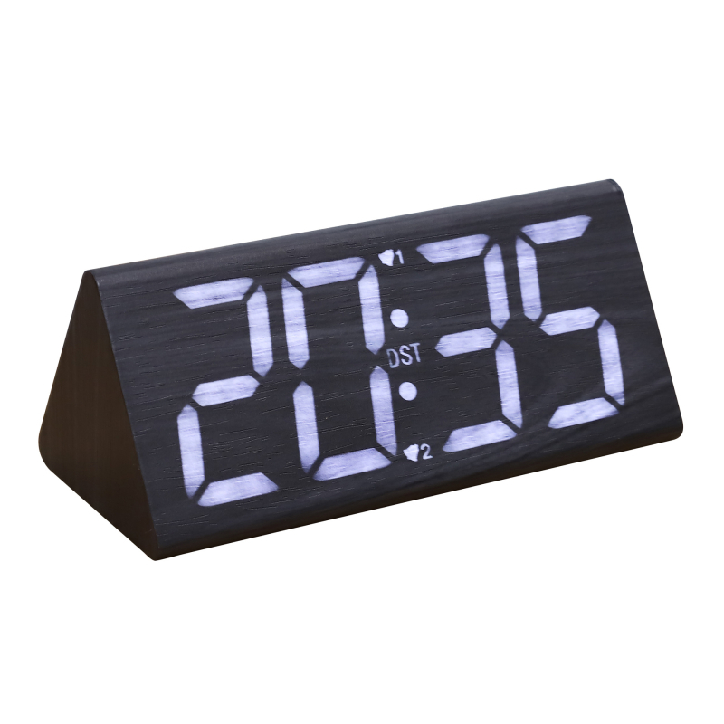 LED drveni budilnik s digitalnim zaslonom, tih rad, noćno svjetlo, vječni kalendar, temperatura, faza Mjeseca, prozorno okno, tjedni i mjesečni prikaz, višenamjenski elektronički sat
