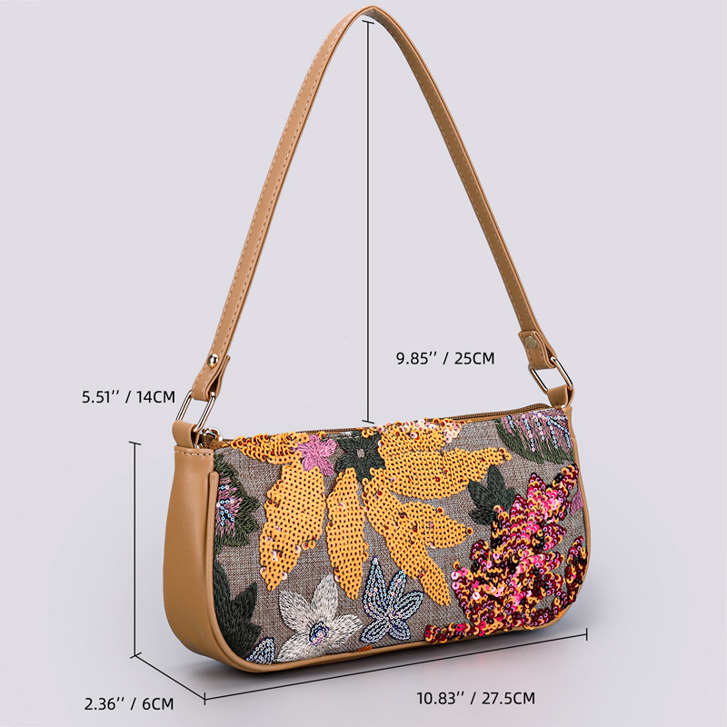 Torba za rameno sa šljokicama i vezom cvjetnog uzorka, mala kvadratna crossbody torba
