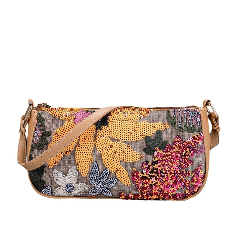 Torba za rameno sa šljokicama i vezom cvjetnog uzorka, mala kvadratna crossbody torba