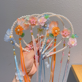 Bentiță pentru păr inspirată de Hanfu, cu perle și ciucuri, decor floral pentru păr, lucrat manual