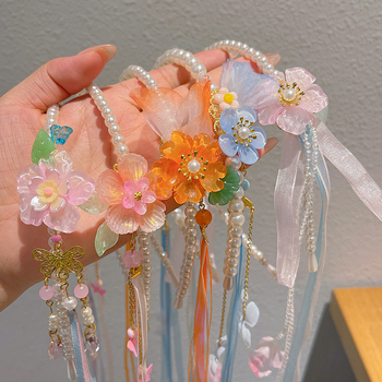 Bentiță pentru păr inspirată de Hanfu, cu perle și ciucuri, decor floral pentru păr, lucrat manual