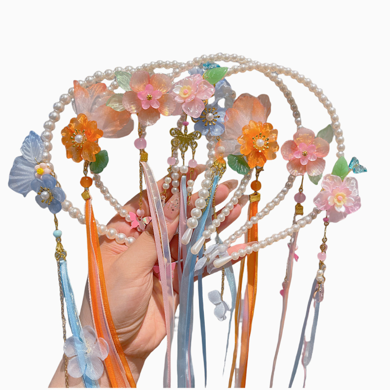 Bentiță pentru păr inspirată de Hanfu, cu perle și ciucuri, decor floral pentru păr, lucrat manual