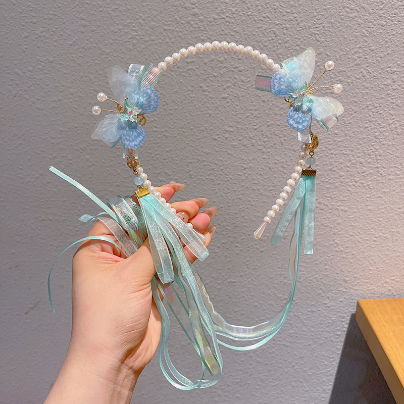 Bentiță pentru păr inspirată de Hanfu, cu perle și ciucuri, decor floral pentru păr, lucrat manual