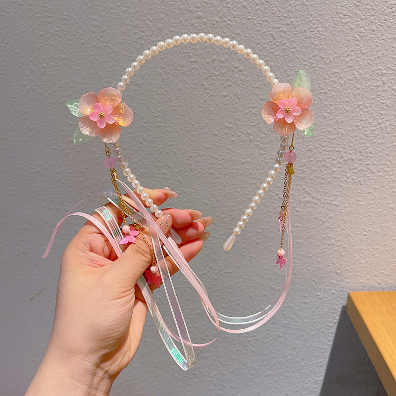Bentiță pentru păr inspirată de Hanfu, cu perle și ciucuri, decor floral pentru păr, lucrat manual