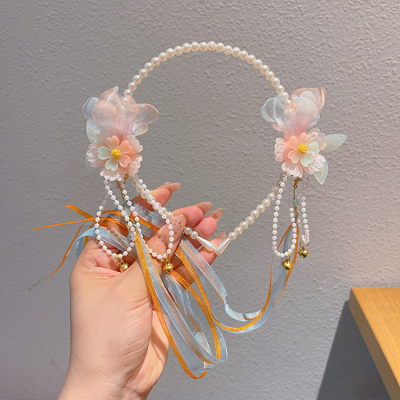 Bentiță pentru păr inspirată de Hanfu, cu perle și ciucuri, decor floral pentru păr, lucrat manual