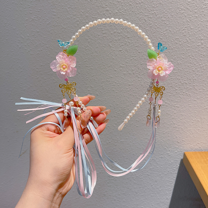 Bentiță pentru păr inspirată de Hanfu, cu perle și ciucuri, decor floral pentru păr, lucrat manual