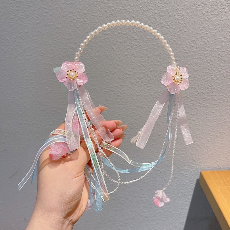 Bentiță pentru păr inspirată de Hanfu, cu perle și ciucuri, decor floral pentru păr, lucrat manual