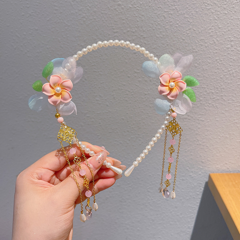 Bentiță pentru păr inspirată de Hanfu, cu perle și ciucuri, decor floral pentru păr, lucrat manual