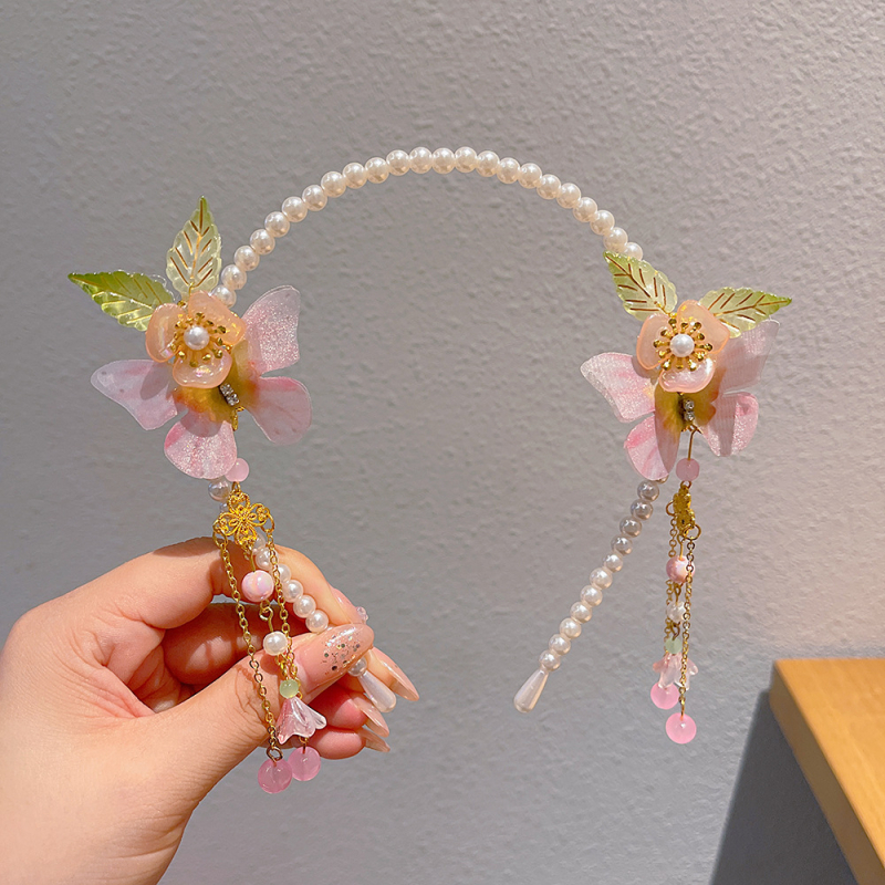 Bentiță pentru păr inspirată de Hanfu, cu perle și ciucuri, decor floral pentru păr, lucrat manual