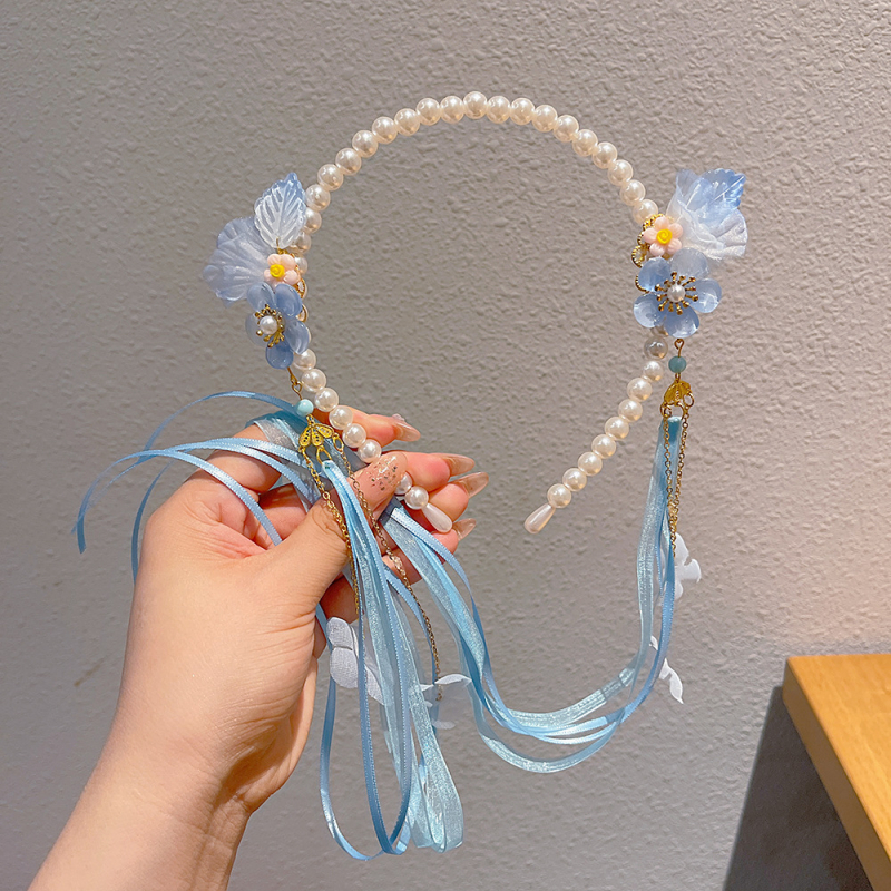 Bentiță pentru păr inspirată de Hanfu, cu perle și ciucuri, decor floral pentru păr, lucrat manual