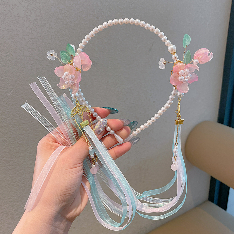 Bentiță pentru păr inspirată de Hanfu, cu perle și ciucuri, decor floral pentru păr, lucrat manual