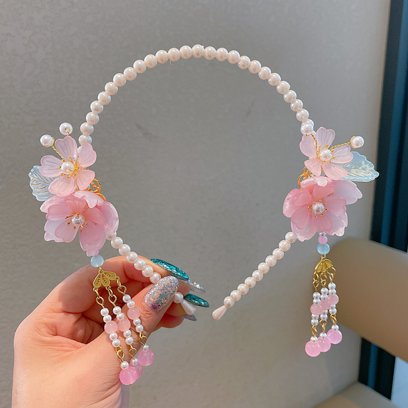 Bentiță pentru păr inspirată de Hanfu, cu perle și ciucuri, decor floral pentru păr, lucrat manual