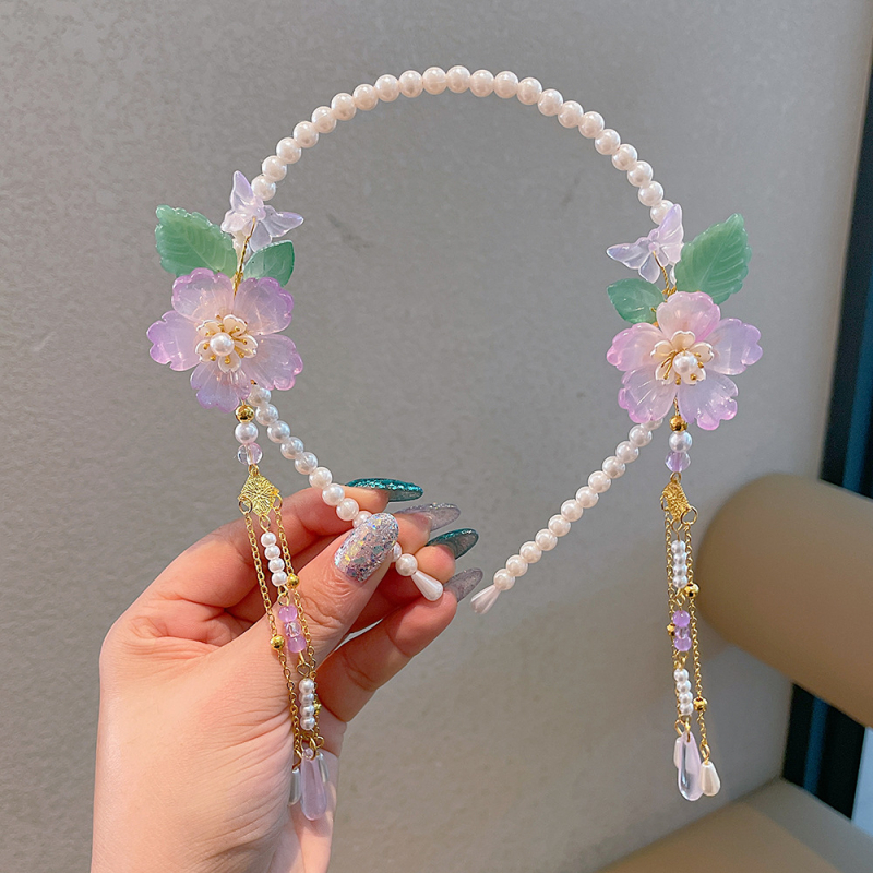 Bentiță pentru păr inspirată de Hanfu, cu perle și ciucuri, decor floral pentru păr, lucrat manual