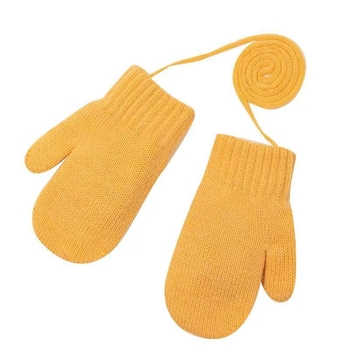 Cukrové farebné zimné detské rukavice, fleece podšité, hrubé pletené rukavice, s šnúrkou na krk