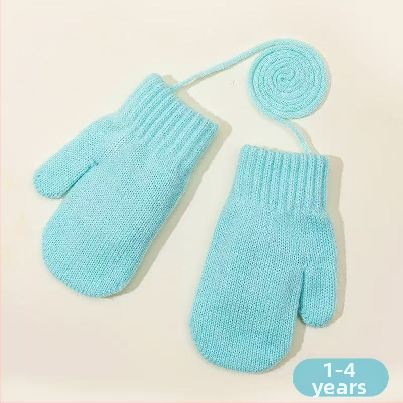 Cukrové farebné zimné detské rukavice, fleece podšité, hrubé pletené rukavice, s šnúrkou na krk