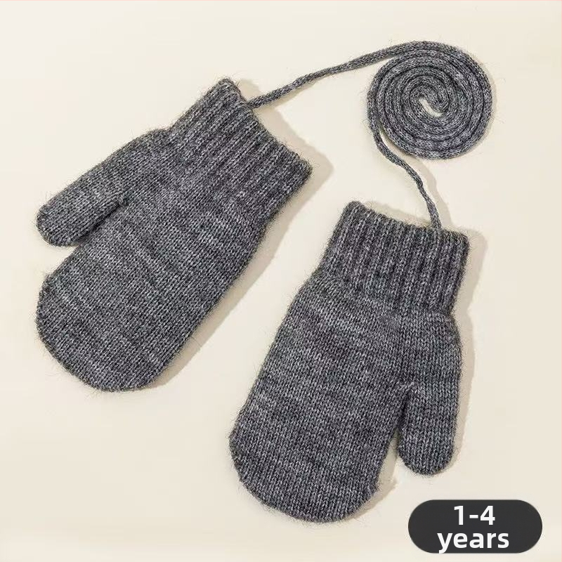 Cukrové farebné zimné detské rukavice, fleece podšité, hrubé pletené rukavice, s šnúrkou na krk