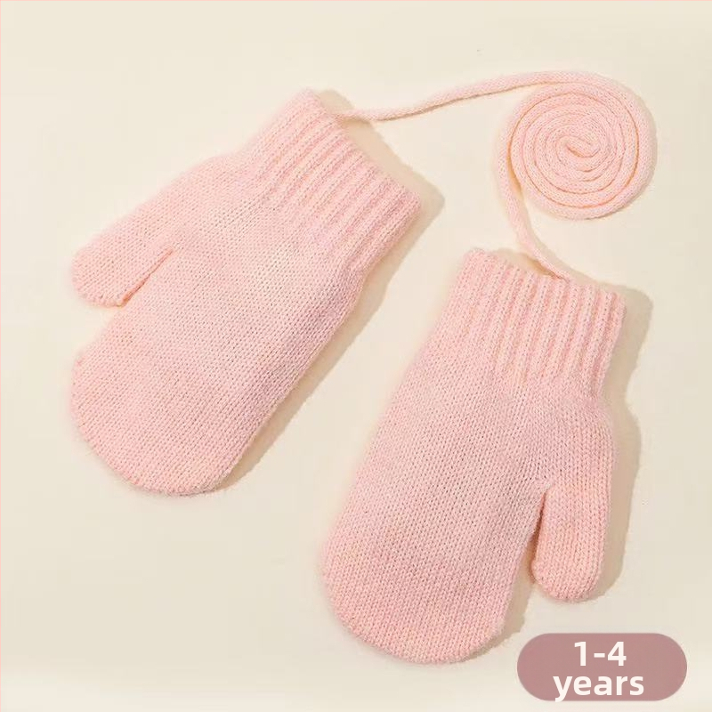 Cukrové farebné zimné detské rukavice, fleece podšité, hrubé pletené rukavice, s šnúrkou na krk