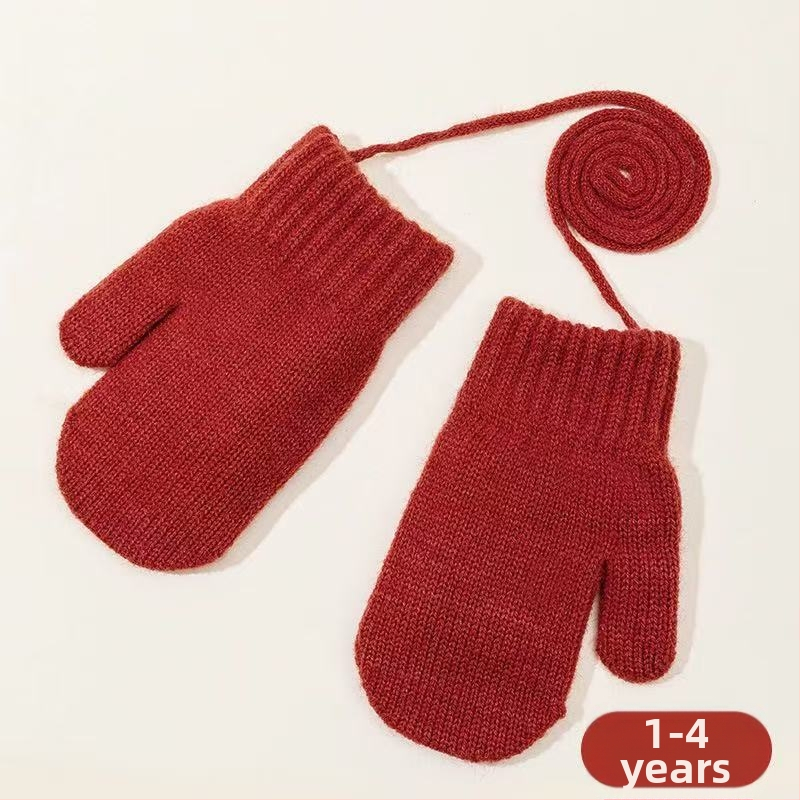 Cukrové farebné zimné detské rukavice, fleece podšité, hrubé pletené rukavice, s šnúrkou na krk