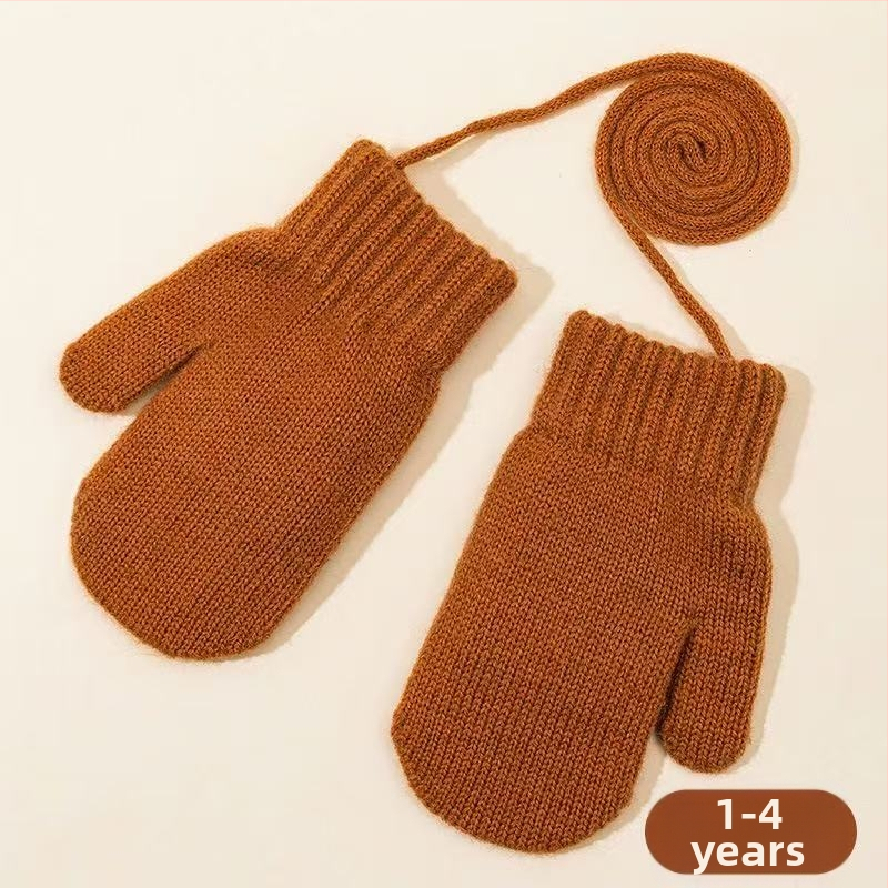 Cukrové farebné zimné detské rukavice, fleece podšité, hrubé pletené rukavice, s šnúrkou na krk