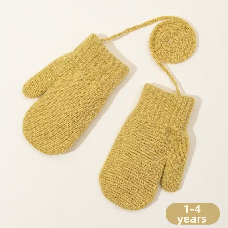 Cukrové farebné zimné detské rukavice, fleece podšité, hrubé pletené rukavice, s šnúrkou na krk