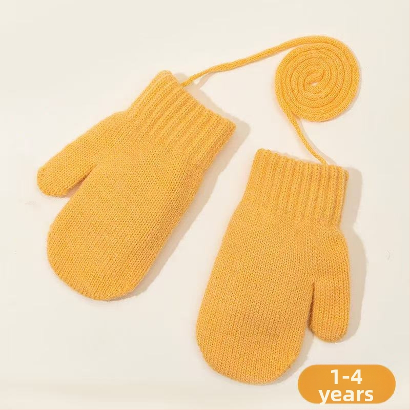 Cukrové farebné zimné detské rukavice, fleece podšité, hrubé pletené rukavice, s šnúrkou na krk