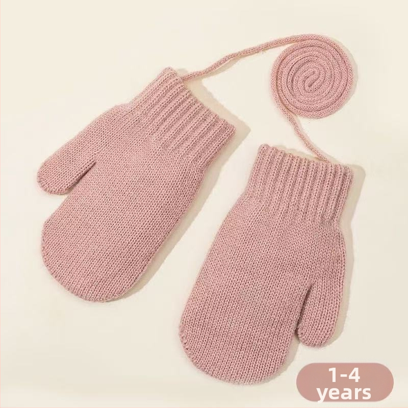 Cukrové farebné zimné detské rukavice, fleece podšité, hrubé pletené rukavice, s šnúrkou na krk