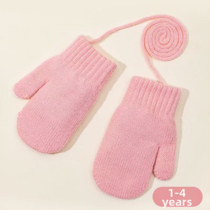 Cukrové farebné zimné detské rukavice, fleece podšité, hrubé pletené rukavice, s šnúrkou na krk