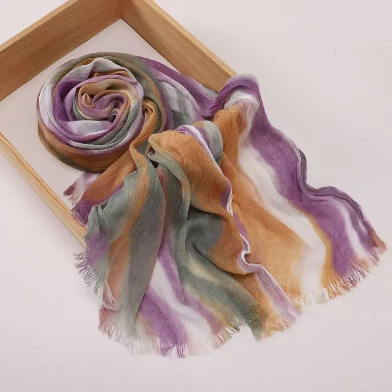 Šal za glavu s dugačkim gradijentom i naboranim prugastim uzorkom, mekan viskozni materijal, tie-dye, prozračan i svestran