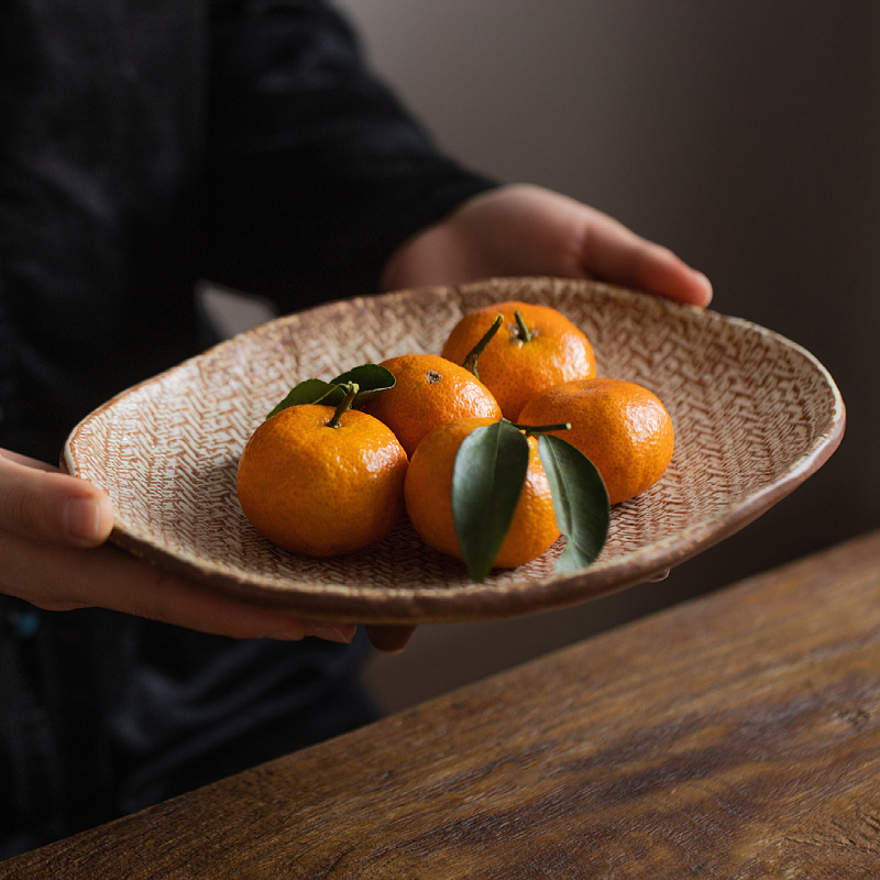 Retro japanski kružni ručno izrađeni tanjur za sushi, kamen keramika, jednobojni, tanjur za deserte i voće, kućna upotreba, nepravilan oblik