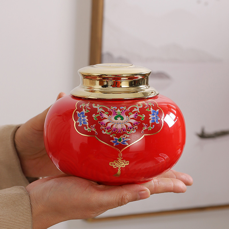 Keramična kutija za čaj s emajliranim motivom lotosa i kineskog čvora, hermetički zatvorena, 700 ml, u poklon kutiji
