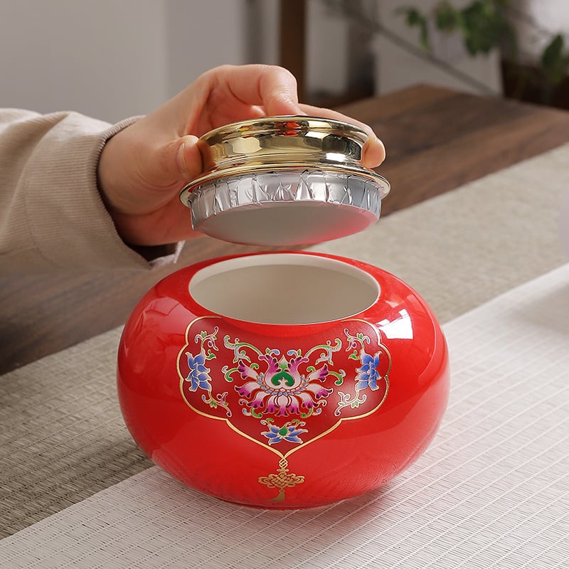 Keramična kutija za čaj s emajliranim motivom lotosa i kineskog čvora, hermetički zatvorena, 700 ml, u poklon kutiji