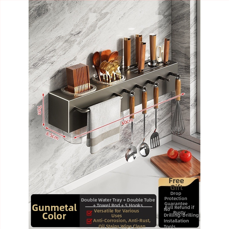 Zidni kuhinjski organizator od nehrđajućeg čelika 304, s integriranim držačem noževa i držačem štapića