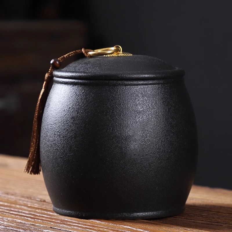 Crni keramički spremnik za čaj, srednje veličine, japanskog stila za kućnu upotrebu, čvrsto zatvoren i otporan na vlagu, za Pu'er čaj (250 g)