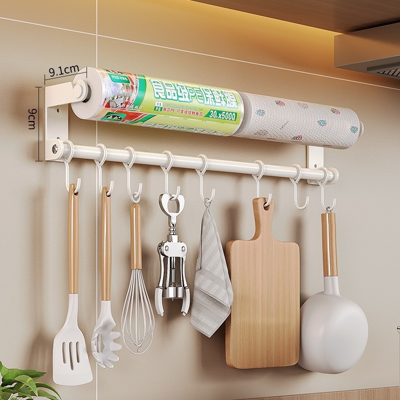Konyhai falra szerelhető akasztós tároló, fúrás nélkül, edényekhez, kanálhoz, spatulához, fóliához és tisztító kendőkhöz