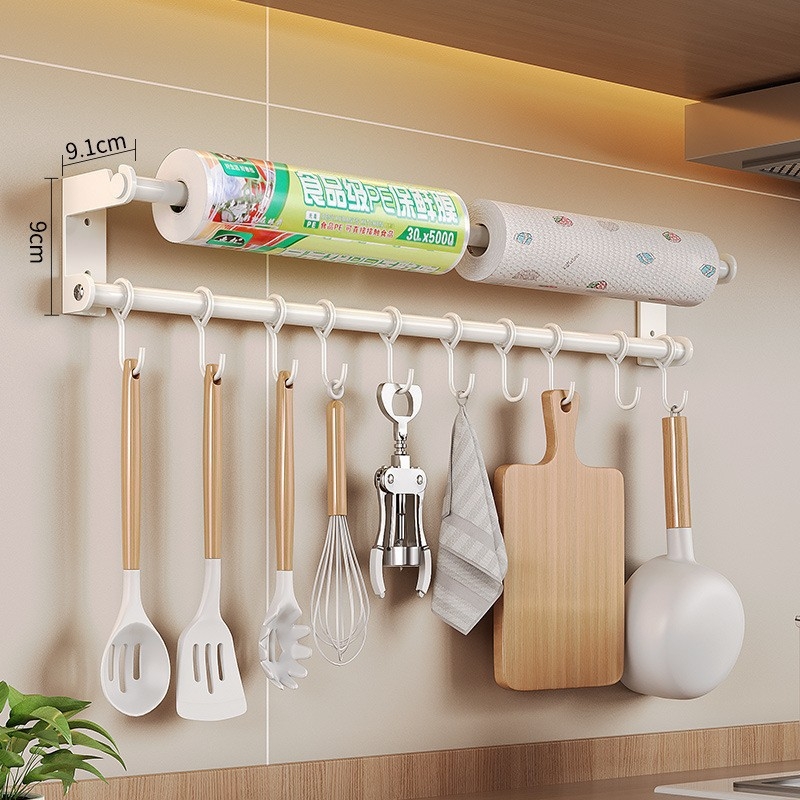 Konyhai falra szerelhető akasztós tároló, fúrás nélkül, edényekhez, kanálhoz, spatulához, fóliához és tisztító kendőkhöz