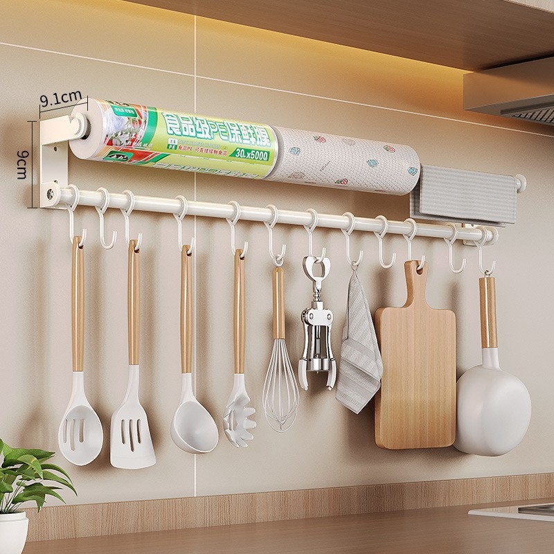 Konyhai falra szerelhető akasztós tároló, fúrás nélkül, edényekhez, kanálhoz, spatulához, fóliához és tisztító kendőkhöz