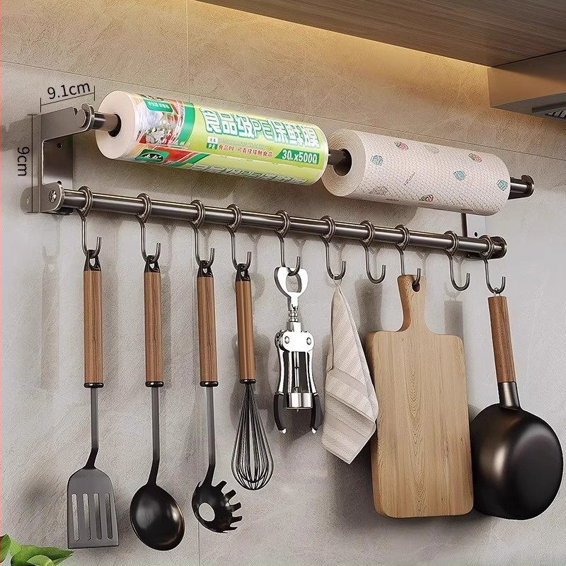 Konyhai falra szerelhető akasztós tároló, fúrás nélkül, edényekhez, kanálhoz, spatulához, fóliához és tisztító kendőkhöz