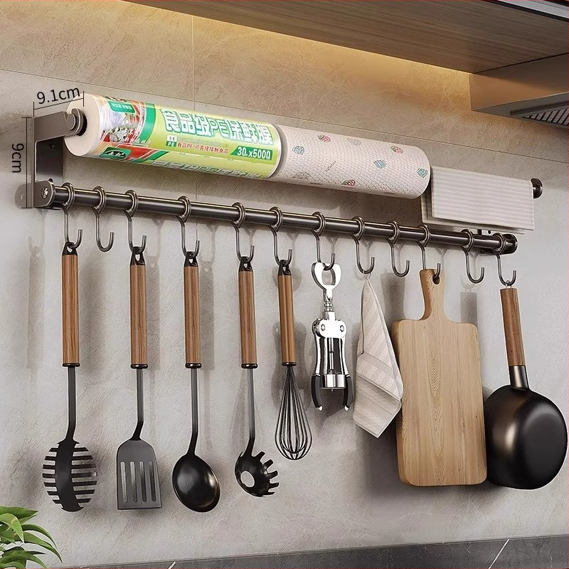 Konyhai falra szerelhető akasztós tároló, fúrás nélkül, edényekhez, kanálhoz, spatulához, fóliához és tisztító kendőkhöz